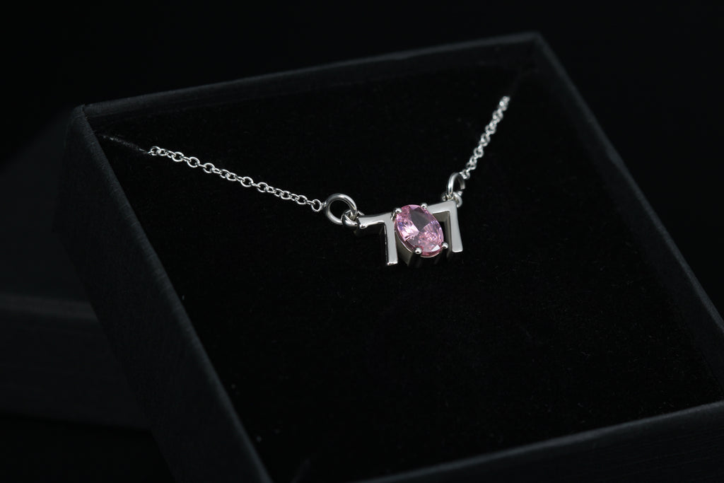 707 necklace worn – pink cubic zirconia