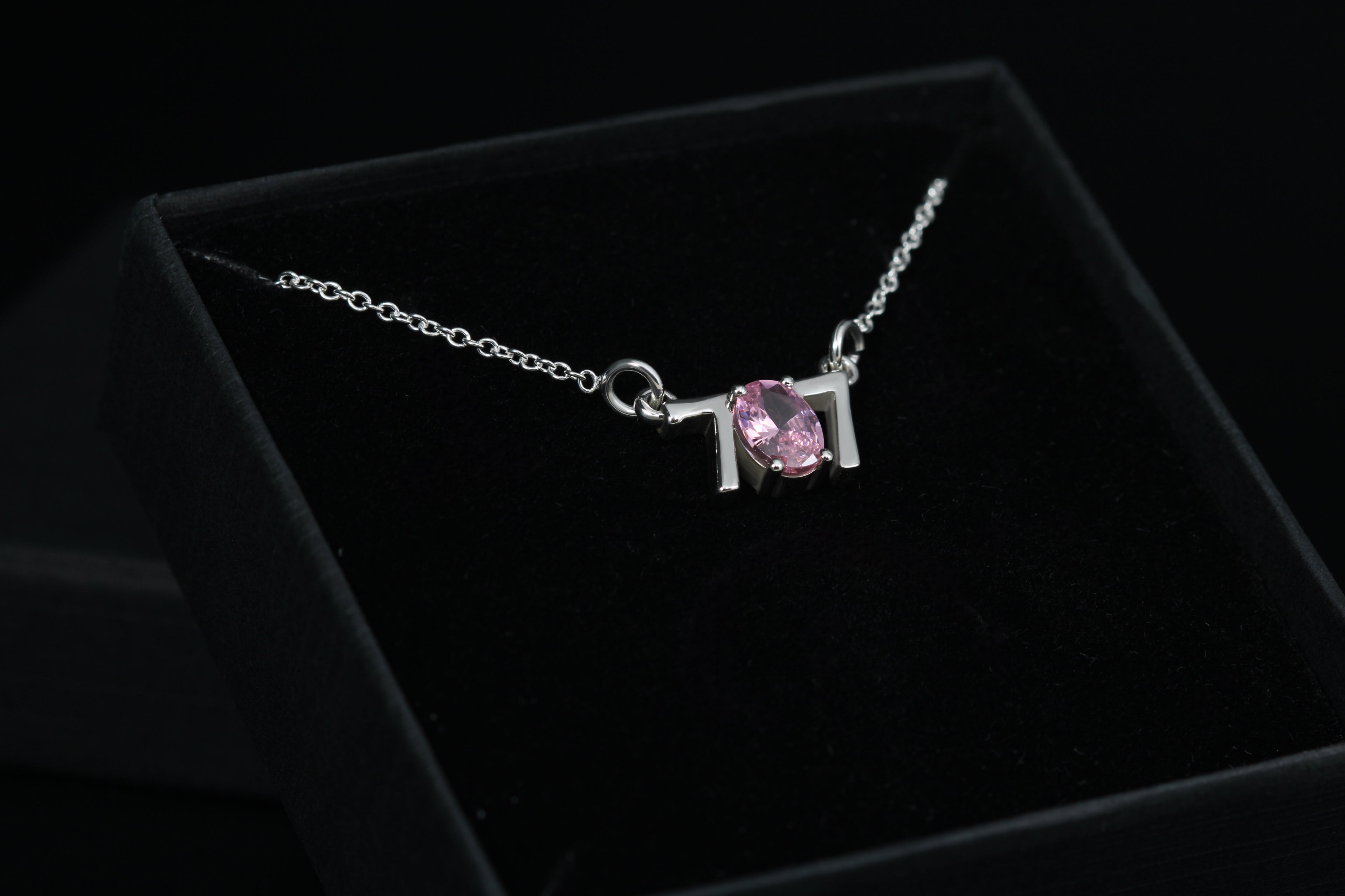 707 necklace worn – pink cubic zirconia