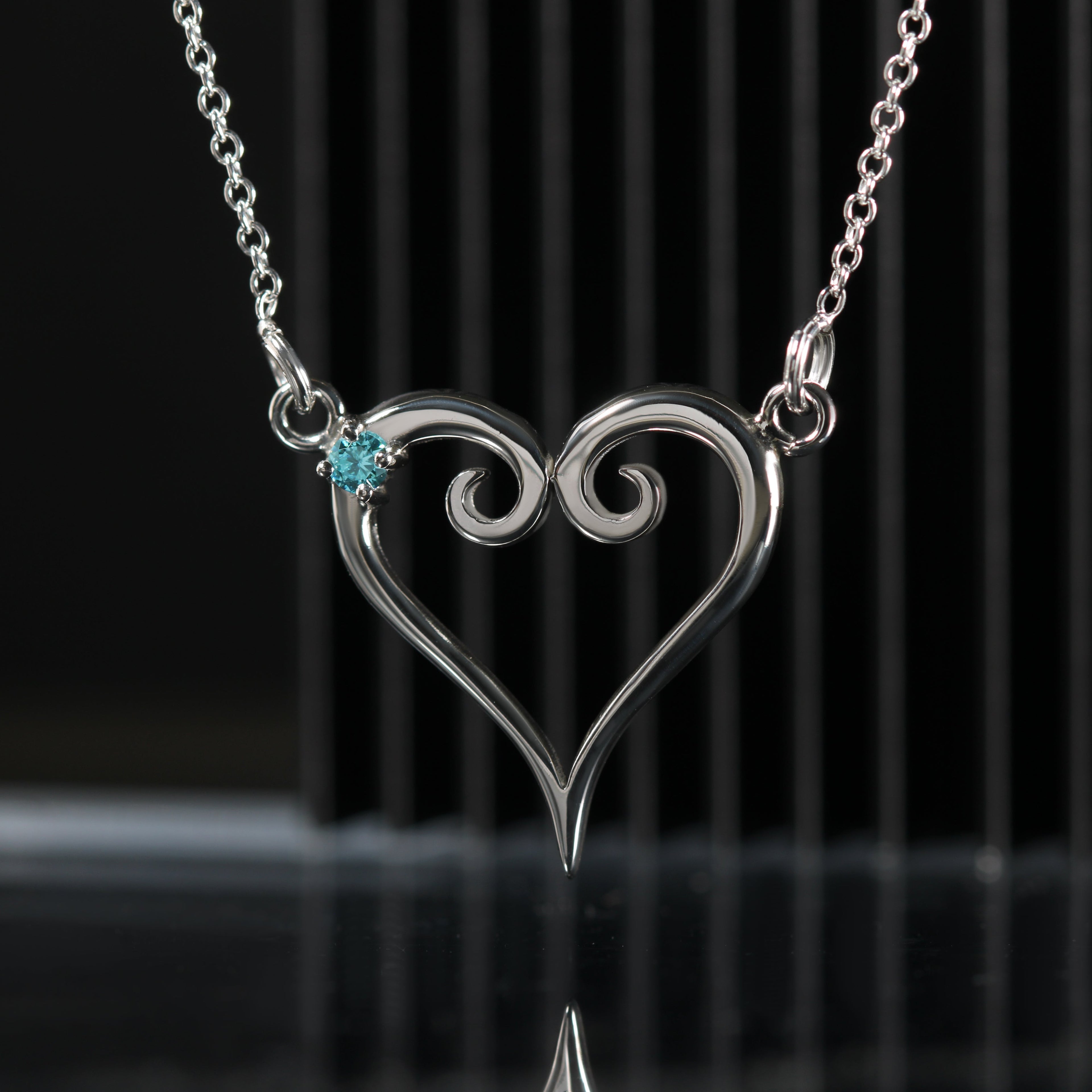 Silver heart necklace with aquamarine stone – Kokoro Necklace