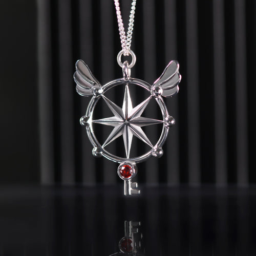 Sterling silver crystal key necklace with rhodolite garnet