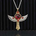 First brave cross sterling silver necklace with red stones and gold plated details