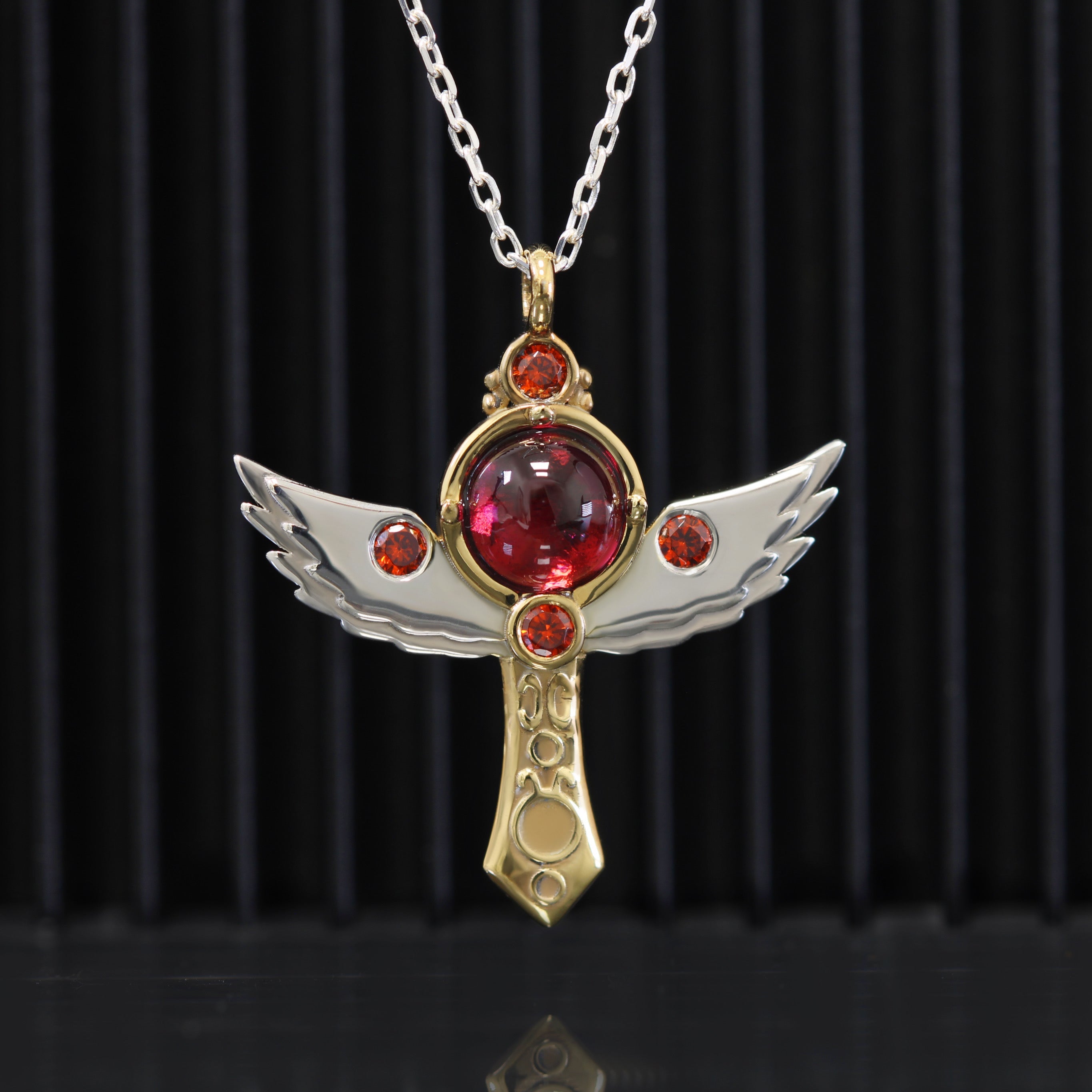 First brave cross sterling silver necklace with red stones and gold plated details