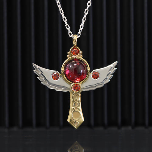 First brave cross sterling silver necklace with red stones and gold plated details
