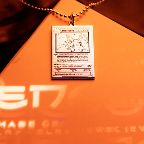 Flame emblem sterling silver engraved card necklace with bold chain