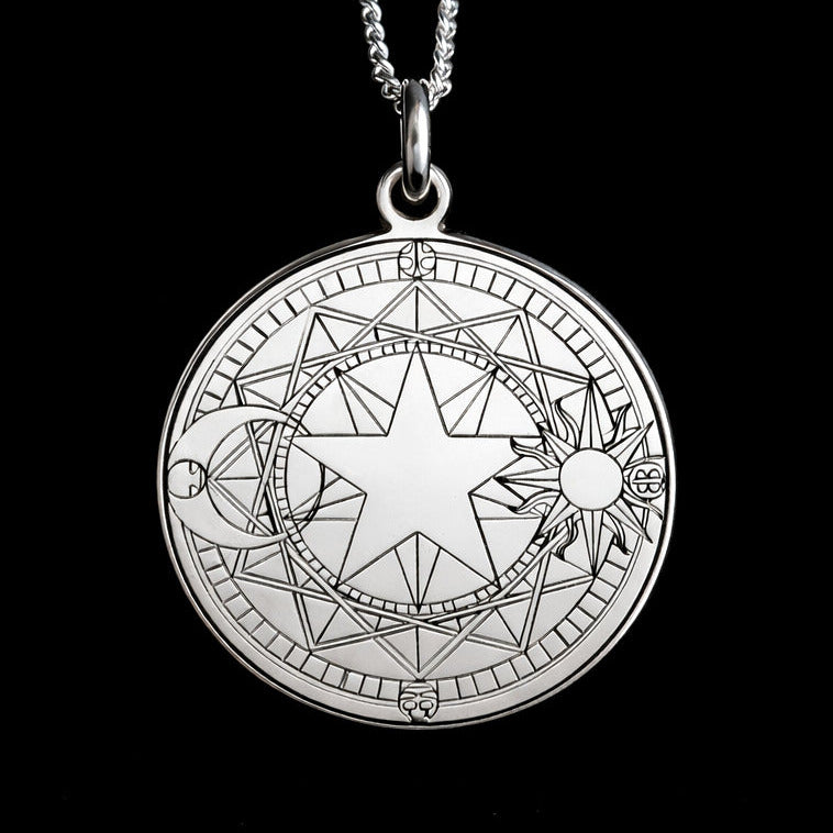 Sterling silver magical circle necklace with engraved symbols