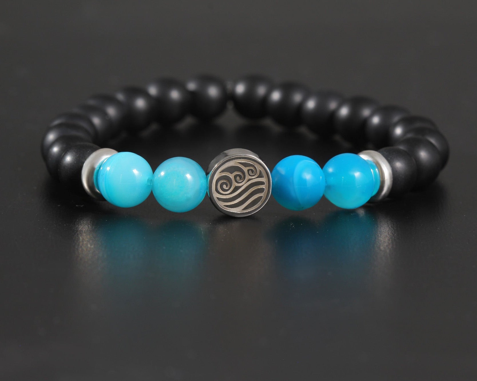 Mizu bracelet in sterling silver with water symbol, black onyx and blue agate beads
