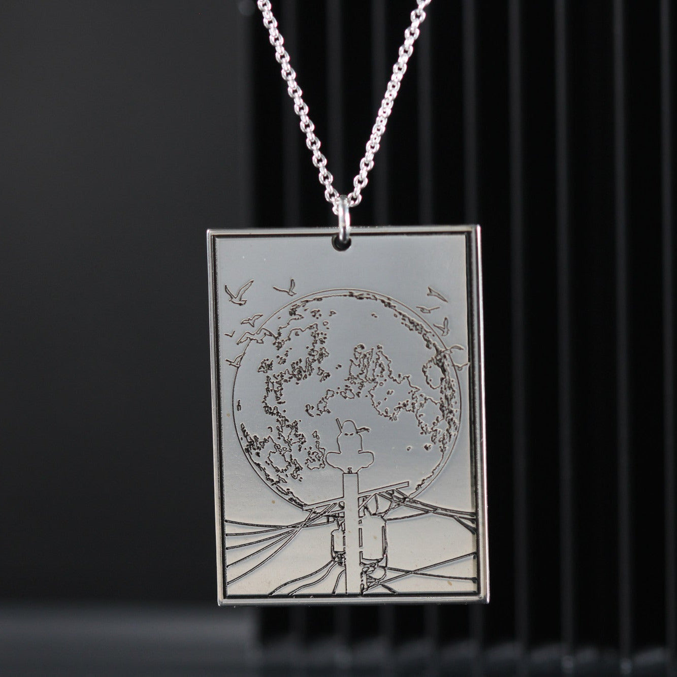 Sterling silver engraved plaque necklace with full moon design