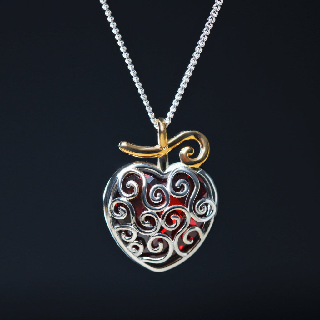 Sterling silver red heart fruit necklace with cubic zirconia