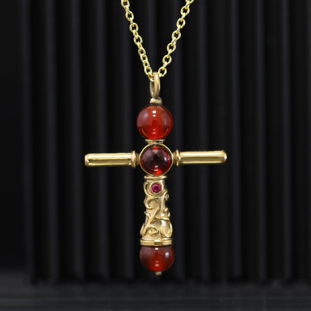 Second brave cross gold plated sterling silver necklace with garnet and carnelian details