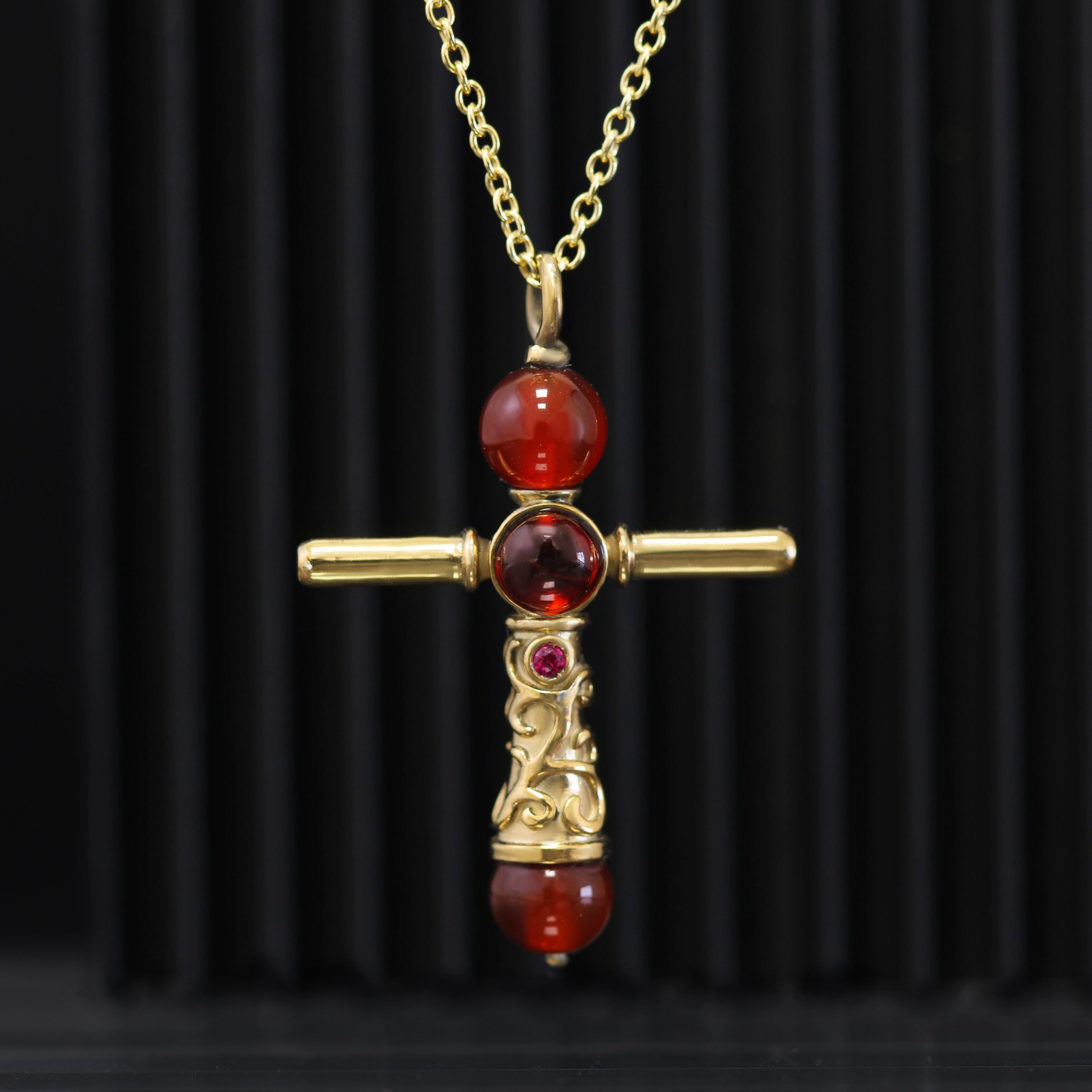 Second brave cross gold plated sterling silver necklace with garnet and carnelian details