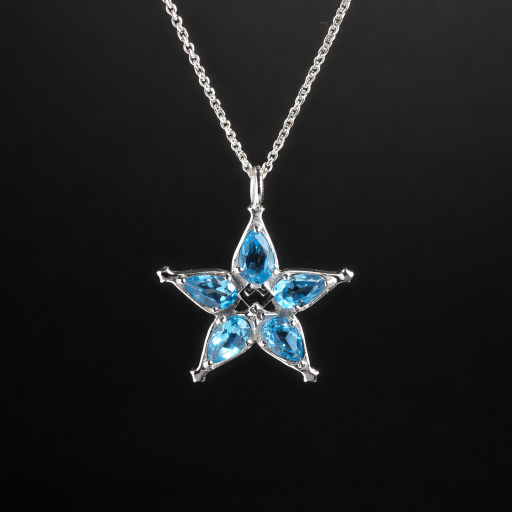 Detail of blue natural topaz stones in Wayfinder necklace